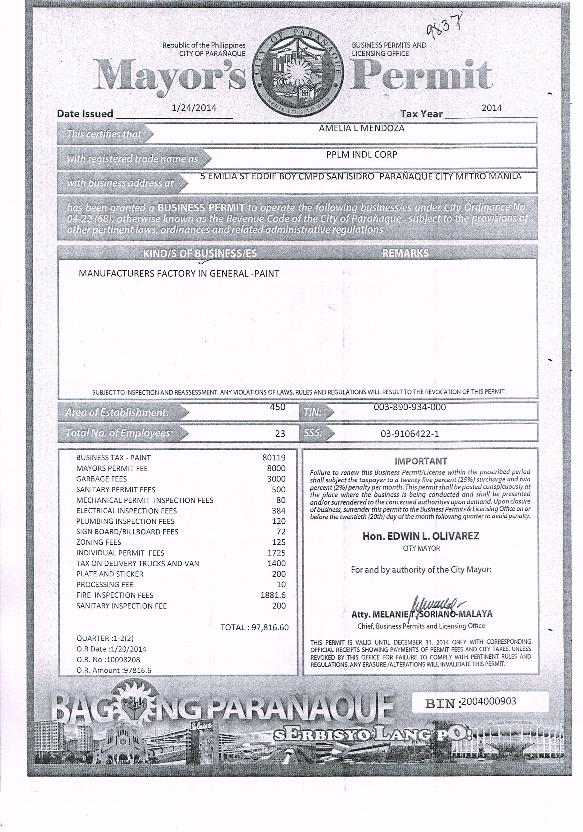 Mayors Permit 2014 PPLM Industrial Corporation